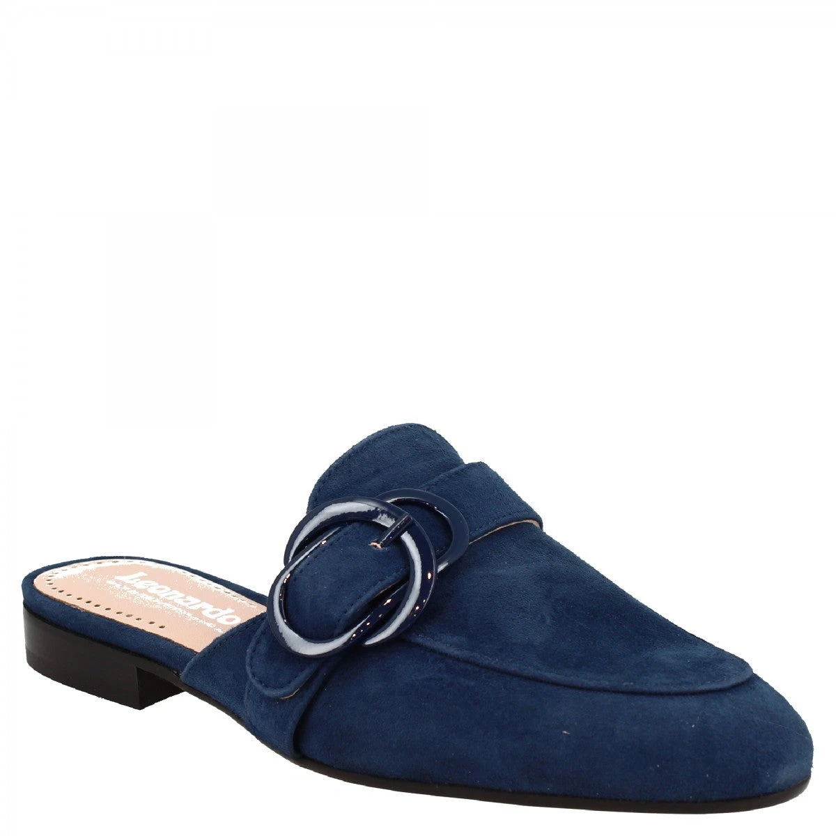 Women's Handmade Mules Shoes With Buckle In Blue Suede Leather 3 Women's Handmade Mules Shoes With Buckle In Blue Suede Leather