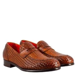 Elegant Men's Brown Moccasin In Woven Grain Leather -Shoes Store 11250E23 2222282 vitello siena 0006