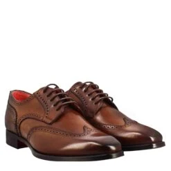 Men's Derby In Light Brown Leather With Swallowtail And Square Toe -Shoes Store Derby da uomo in pelle a punta squadrata 8734brandy 7