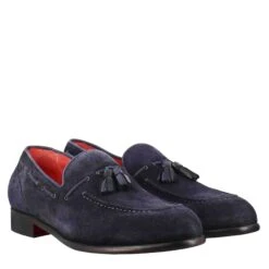 Dark Blue Suede Men's Tassel Loafers -Shoes Store Mocassino con nappine da uomo in pelle scamociata 11245blugalassia 7
