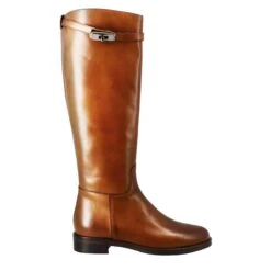 Smooth Women's Knee-high Boot With Low Heel In Tobacco-colored Leather