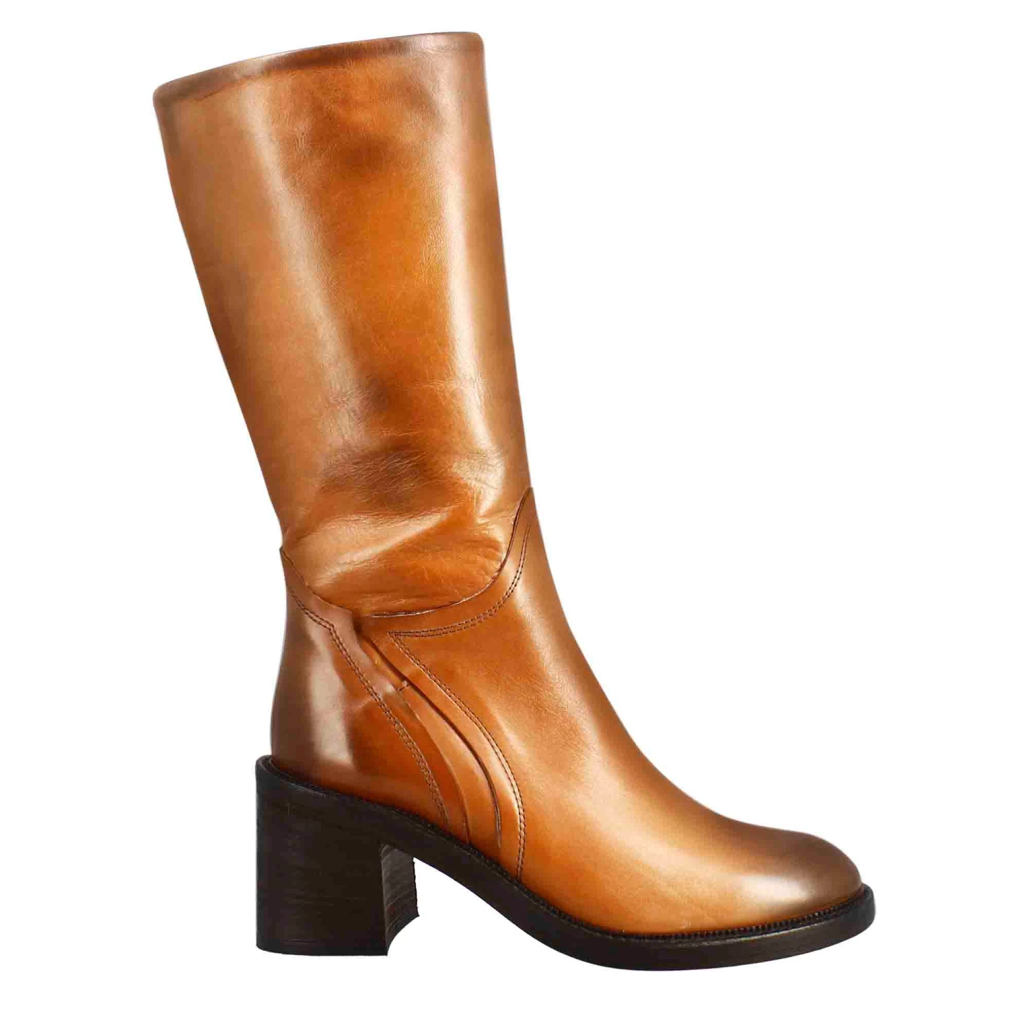 Women's Calf-high Diver Boot With Heel In Washed Leather In Dark Tan Colour 3 Women's Calf-high Diver Boot With Heel In Washed Leather In Dark Tan Colour