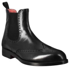 Chelsea Boot With Brogue Details For Men In Black Leather With Elastic