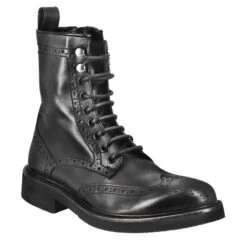 Women's Amphibious Ankle Boot With Paupa Brogue Details In Black Washed Leather