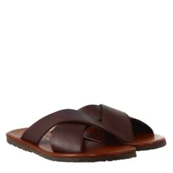 Men's Handmade Slipper Sandals With Crossed Bands In Brown Leather -Shoes Store ciabatta con fasce incrociate da uomo pelle m5609sequoia 6