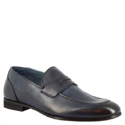 Handmade Men's Loafers With Rounded Toe In Blue Calf LEATHER