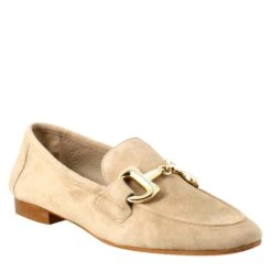 Women's Moccasin In Taupe Suede With Gold Buckle