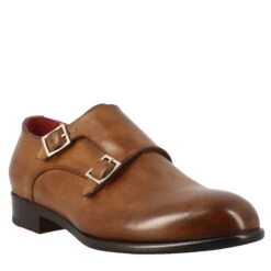 Men's Double Buckle Shoe In Sienna Brown Leather