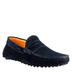 Handmade Men's Carshoe Loafers In Blue Suede Leather.