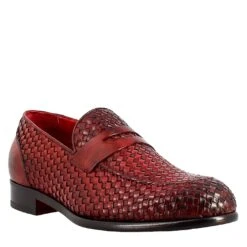 Elegant Red Moccasin For Men In Woven Full Grain Leather