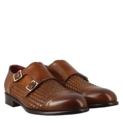 Men's Double Buckle Shoe In Sienna Brown Woven Leather -Shoes Store oxford da uomo in pelle fodera rossa 11278siena 7