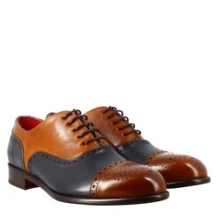 Elegant Men's Brown And Blue Semi Brogue Oxford In Leather -Shoes Store oxford semi brogue da uomo in pelle 11221marroneblu 7