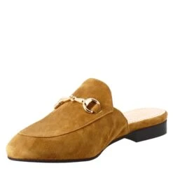 Women's Mules In Light Brown Suede With Gold Buckle -Shoes Store sabot da donna in pelle scamosciata con fibbia oro 52marronechiaro 4
