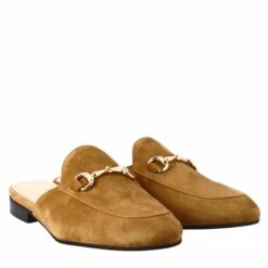 Women's Mules In Light Brown Suede With Gold Buckle -Shoes Store sabot da donna in pelle scamosciata con fibbia oro 52marronechiaro 7