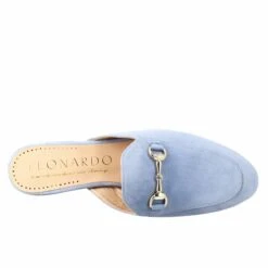 Women's Sabot In Light Blue Suede With Gold Buckle -Shoes Store sabot da donna scamosciati con fibbia 52celeste 5