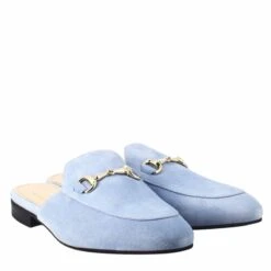 Women's Sabot In Light Blue Suede With Gold Buckle -Shoes Store sabot da donna scamosciati con fibbia 52celeste 7