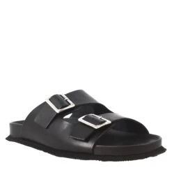 Men's Black Double Buckle Sandals In Leather Open On The Back