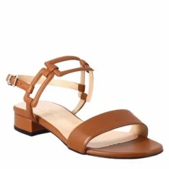Woman's Open Sandal With Low Heel In Brown Leather