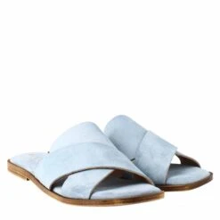 Women's Double Band Sandal In Light Blue -Shoes Store sandalo basso da donna doppia fascia in scamosciato 5990celeste 7