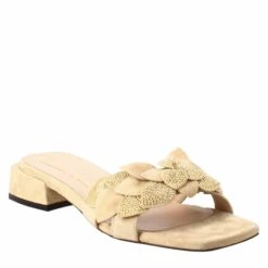 Square-shaped Women's Sandal In Beige Suede With Glitter