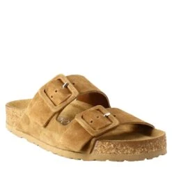 Woman's Double Buckle Sandal In Brown Suede