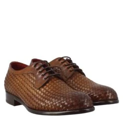 Elegant Men's Brown Derby In Woven Full Grain Leather -Shoes Store scarpa da uomo in pelle intrecciata 10638marrone 7
