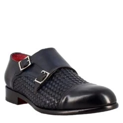 Men's Double Buckle Shoe In Blue Woven Leather