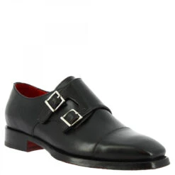 Men's Handmade Black Calf Leather Double Buckle Dress Shoes
