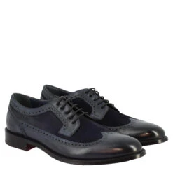 Men's Handmade Lace-up Half Brogues Shoes In Blue Calfskin And Suede -Shoes Store scarpe stringate half brogues da uomo fatte a mano in pelle di vitello e camoscio blu 1