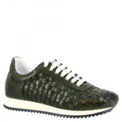 Men's Handmade Casual Sneakers In Green Woven Leather