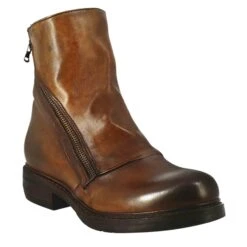Paupa Women's Ankle Boot In Dark Tan Colored Washed Leather With Diagonal Zip
