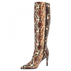 Women's Handmade Pointed Toe Heeled Knee High Boots In Dark Brown Python Print Leather With Zipper -Shoes Store stivali al ginocchio a punta con tacco da donna fatti a mano in pelle di vitello testa di moro stampa pitone con cerniera 13994dad a53c 4eae ab22 99120017f316