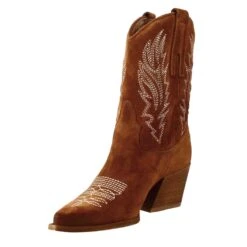 Low Women's Texan Boots In Burnt Brown Suede With Embroidery. -Shoes Store stivali texani bassi da donna in camoscio 332bruciato 4