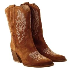 Low Women's Texan Boots In Burnt Brown Suede With Embroidery. -Shoes Store stivali texani bassi da donna in camoscio 332bruciato 7