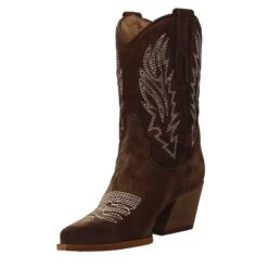 Women's Low Texan Boots In Dark Brown Suede With Embroidery. -Shoes Store stivali texani bassi da donna in camoscio 332marronescuro 4