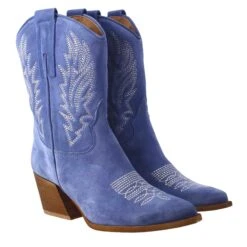 Texan Women's Ankle Boot In Light Blue Suede With Embroidery. -Shoes Store stivali texani bassi da donna in camoscio 332veloursavoia 7