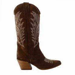 Women's Texan Ankle Boot In Chocolate Brown Suede With Embroidery