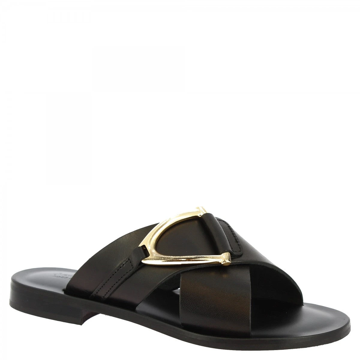 Women's Handmade Slipper Sandals In Black Leather With Golden Buckle 3 Women's Handmade Slipper Sandals In Black Leather With Golden Buckle